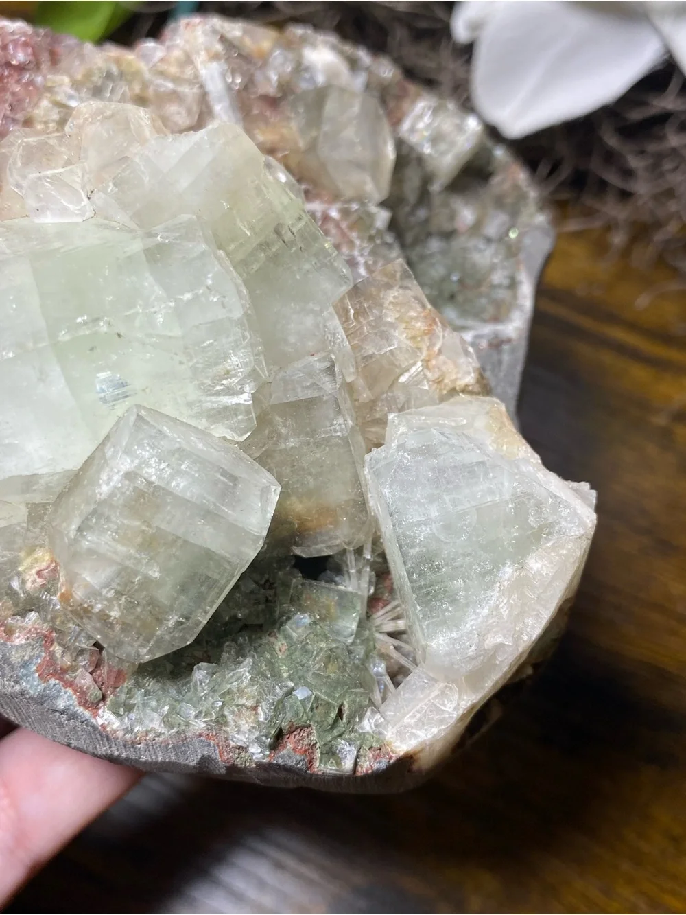 Green Apophyllite With Red Vanadinite On Matrix